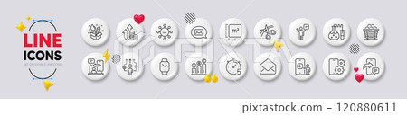 Business way, Square meter and Scissors line icons. White buttons 3d icons. Pack of Ethics, Graph chart, Phone service icon. Chemistry lab, Phone timing, Mail pictogram. Vector Business way, Square meter and Scissors line icons. White buttons 3d icons. Pack of Ethics, Graph chart, Phone service icon. Chemistry lab, Phone timing, Mail pictogram. Vector 120880611