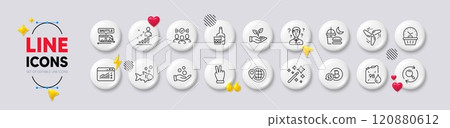 Magic wand, Helping hand and Support consultant line icons. White buttons 3d icons. Pack of World travel, Search, Web traffic icon. Squad, Night eat, Last minute pictogram. Vector 120880612