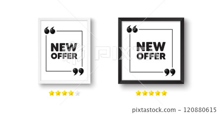 Picture frame with 3d quotation icon. New offer tag. Special price sign. Advertising Discounts symbol. New offer chat message. Photo frame wall. 3d comma quotes. Vector 120880615