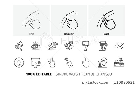 No waterproof, Diesel station and Reject file line icons. Pack of Checkbox, Distribution, Table lamp icon. Wholesale goods, Podcast, Swipe up pictogram. Touchscreen gesture, Wallet. Line icons. Vector No waterproof, Diesel station and Reject file line icons. Pack of Checkbox, Distribution, Table lamp icon. Wholesale goods, Podcast, Swipe up pictogram. Touchscreen gesture, Wallet. Line icons. Vector 120880621