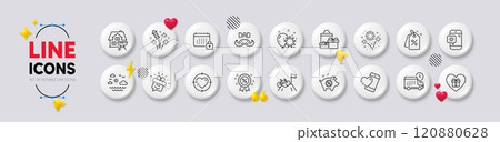 Father day, Discount and Fireworks rocket line icons. White buttons 3d icons. Pack of Discount tags, Delivery, Fireworks icon. Home grill, Piggy sale, Romantic gift pictogram. Vector 120880628