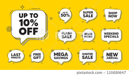 Offer speech bubble icons. Up to 10 percent off sale. Discount offer price sign. Special offer symbol. Save 10 percentages. Discount tag chat offer. Speech bubble discount banner. Vector 120880647