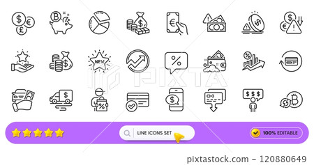 Employee benefits, Fraud and Money line icons for web app. Pack of Loyalty program, Card, Payment methods pictogram icons. Deflation, Finance, Coins bag signs. Discount message, New star. Vector 120880649