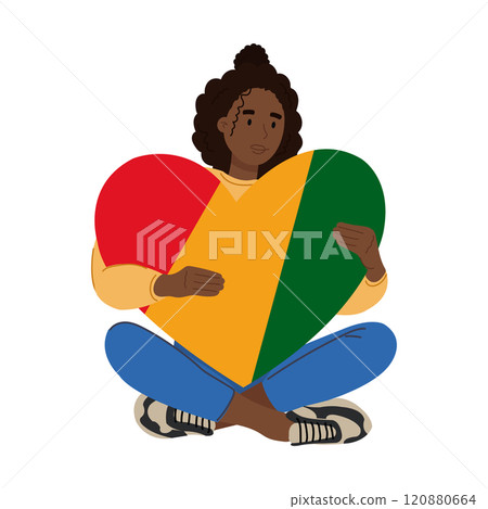 An illustration of a black girl holding a heart colored in red, yellow and green colors. Black history month celebration. Juneteenth concept. An illustration of a black girl holding a heart colored in red, yellow and green colors. Black history month celebration. Juneteenth concept. 120880664
