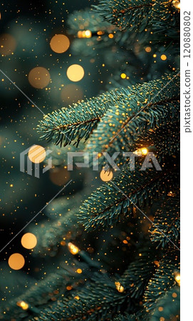 Close-up of fir branch with dew and lights in background. Christmas concept 120880802