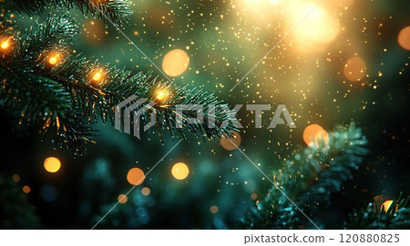 Close-up of fir branch with dew and lights in background. Christmas concept 120880825