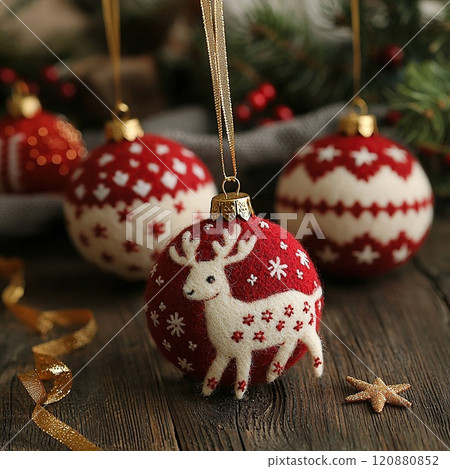 Red Christmas ornament with reindeer design on wooden surface 120880852