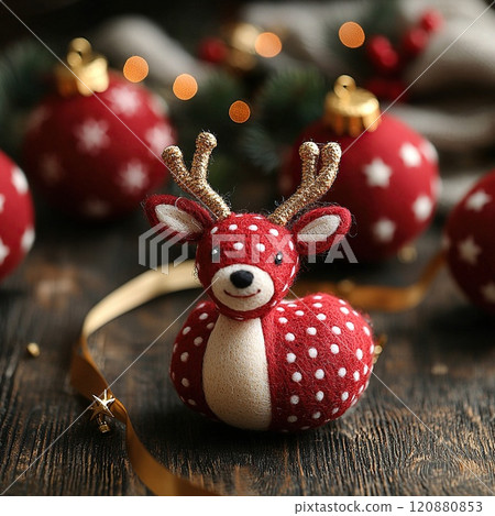 Red Christmas ornament with reindeer design on wooden surface 120880853