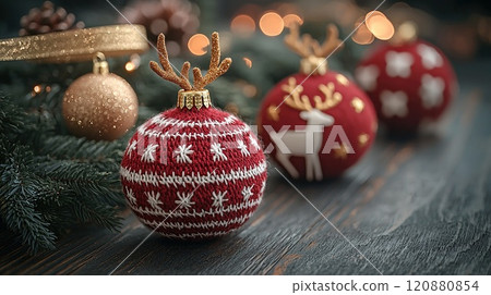 Red Christmas ornament with reindeer design on wooden surface 120880854