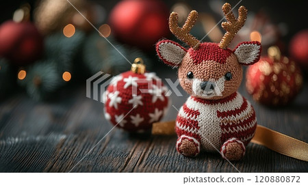 Red Christmas ornament with reindeer design on wooden surface Red Christmas ornament with reindeer design on wooden surface 120880872
