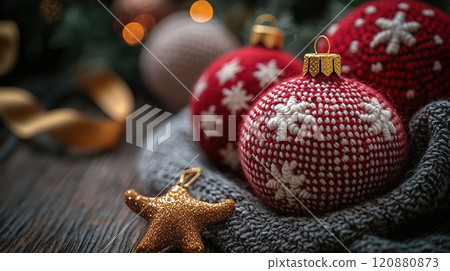 Red Christmas ornament with reindeer design on wooden surface 120880873