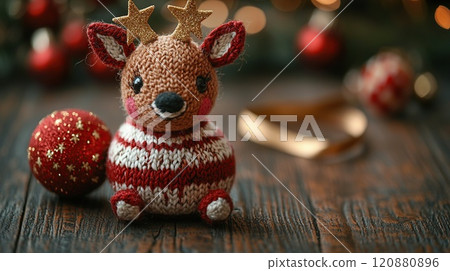Red Christmas ornament with reindeer design on wooden surface 120880896