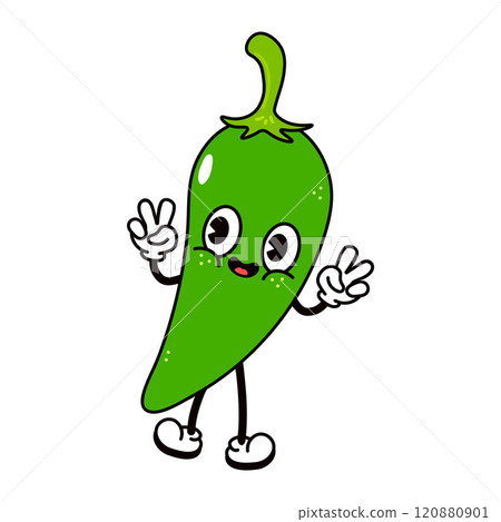 Jumping Chili pepper character character. Vector hand drawn traditional cartoon vintage, retro, kawaii character illustration icon. Isolated white background. Chili pepper character concept 120880901