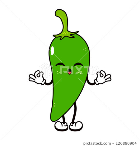 Chili pepper doing yoga character. Vector hand drawn traditional cartoon vintage, retro, kawaii character illustration icon. Isolated on white background. Chili pepper character 120880904