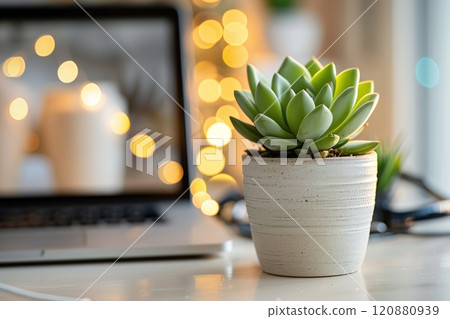 A small green plant in a white pot on a computer desk next to a laptop on a blurred background. 120880939