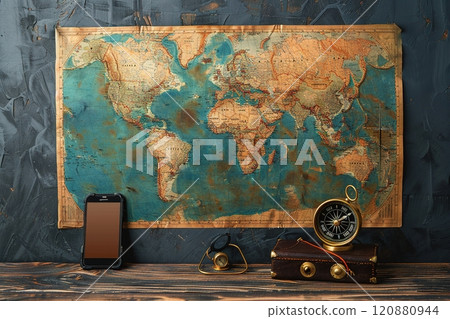 Vintage map on the wall. Explorer and adventure concept 120880944