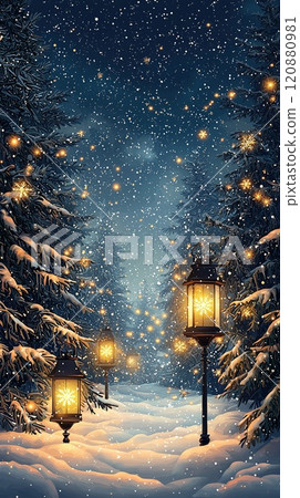 Winter path illuminated by lanterns in snowy forest at night 120880981