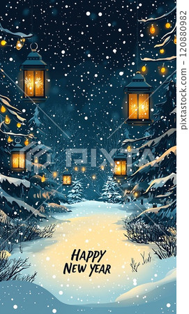 Winter path illuminated by lanterns in snowy forest at night 120880982