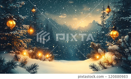Winter path illuminated by lanterns in snowy forest at night 120880983