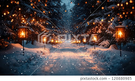 Winter path illuminated by lanterns in snowy...-插圖素材 [120880985] - PIXTA圖庫