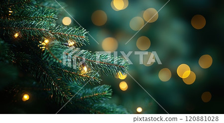 Close-up of fir branch with dew and lights in background. Christmas concept 120881028