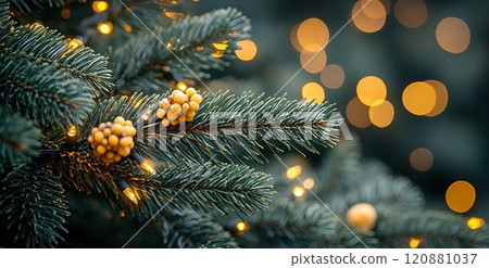 Close-up of fir branch with dew and lights in background. Christmas concept Close-up of fir branch with dew and lights in background. Christmas concept 120881037