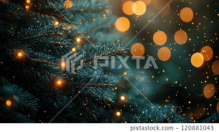 Close-up of fir branch with dew and lights in background. Christmas concept Close-up of fir branch with dew and lights in background. Christmas concept 120881043