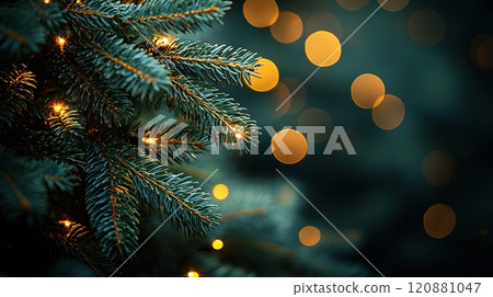 Close-up of fir branch with dew and lights in background. Christmas concept 120881047
