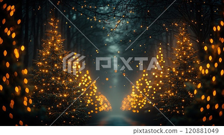 Close-up of fir branch with dew and lights in background. Christmas concept 120881049