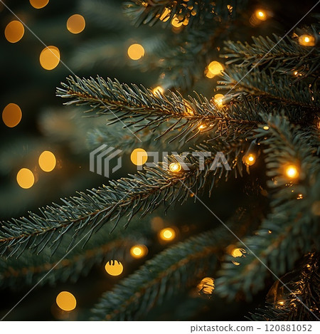 Close-up of fir branch with dew and lights in background. Christmas concept 120881052