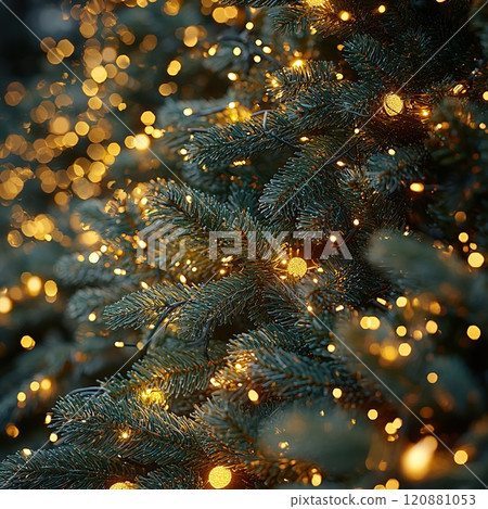 Close-up of fir branch with dew and lights in background. Christmas concept 120881053