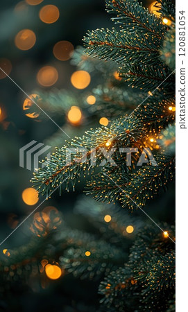 Close-up of fir branch with dew and lights in background. Christmas concept 120881054