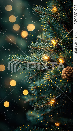 Close-up of fir branch with dew and lights in background. Christmas concept Close-up of fir branch with dew and lights in background. Christmas concept 120881062