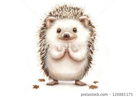 Adorable illustration of a hedgehog with a smiling face and little paws in a watercolor style 120881173