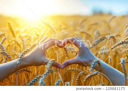 Heart made from hands against a background of a blurred field of ripe wheat in the sun 120881175