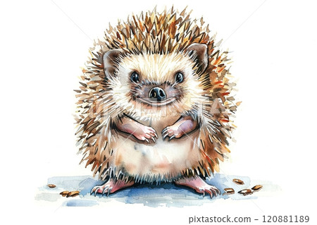 Adorable illustration of a hedgehog with a smiling face and little paws in a watercolor style 120881189