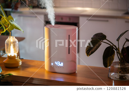 Air humidifier at home closeup, steam illuminated by table lamp Air humidifier at home closeup, steam illuminated by table lamp 120881526