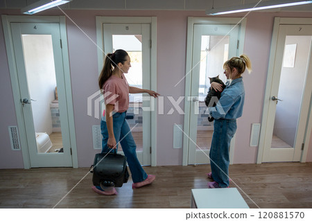 Cat owner arrive to checkin pet at animal hotel. Pet facility, hotel introduction, staff interaction Cat owner arrive to checkin pet at animal hotel. Pet facility, hotel introduction, staff interaction 120881570