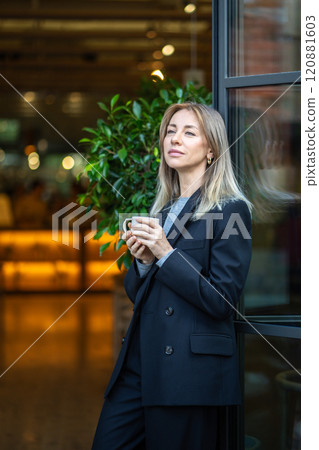 Dreaming smiling businesswoman, receptionist drinking coffee, waiting guests at cafe entrance Dreaming smiling businesswoman, receptionist drinking coffee, waiting guests at cafe entrance 120881603