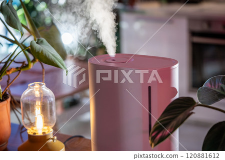 Air humidifier at home, steam illuminated by table lamp. Humidifying air during heating period 120881612