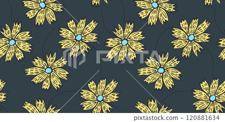 Contrast dark green floral seamless pattern with doodle yellow flowers. Cute bright orange hand drawn blossoms print for textile, wrapping paper, surface, wallpaper Contrast dark green floral seamless pattern with doodle yellow flowers. Cute bright orange hand drawn blossoms print for textile, wrapping paper, surface, wallpaper 120881634