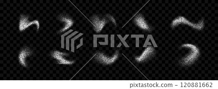 White powder splashes collection. Grunge grain spray texture set. Dotted curved smudged brush stains bundle. Sand noise splattered overlay pack. Abstract stippled fluid grain gradient shapes. Vector White powder splashes collection. Grunge grain spray texture set. Dotted curved smudged brush stains bundle. Sand noise splattered overlay pack. Abstract stippled fluid grain gradient shapes. Vector 120881662