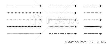 Straight thin dashed arrows collection. Black long dotted arrow set. Linear stripe elements bundle for flyer, poster, brochure, booklet, banner. Doodle sketched pointers or direction lines. Vector Straight thin dashed arrows collection. Black long dotted arrow set. Linear stripe elements bundle for flyer, poster, brochure, booklet, banner. Doodle sketched pointers or direction lines. Vector 120881687