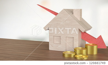 The Wood house and red arrow down for property or building concept 3d rendering. The Wood house and red arrow down for property or building concept 3d rendering. 120881749