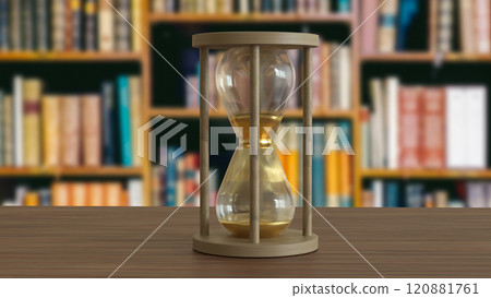 The Sand clock on wood table in library image 3d rendering. The Sand clock on wood table in library image 3d rendering. 120881761