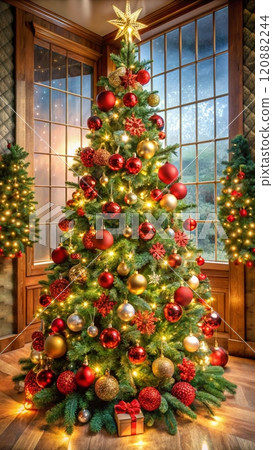 Elegant Christmas Tree with Red and Gold Ornaments Elegant Christmas Tree with Red and Gold Ornaments 120882244