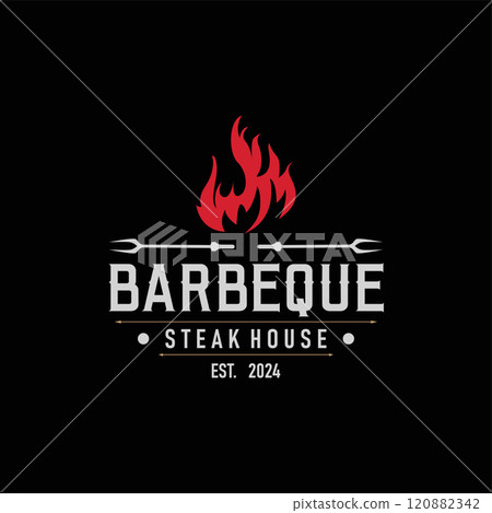 Illustration of a restaurant design with a vintage barbecue logo concept with the concept of a fire burning on a simple bbq hot grill 120882342