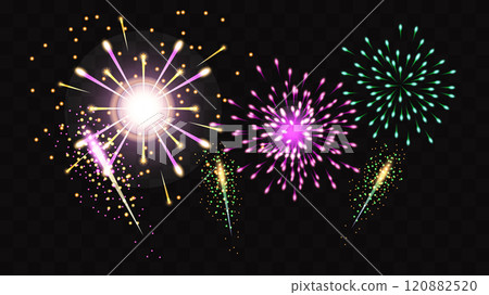 Fireworks of colorful sparks and bright flashes transparent background. Holiday Wedding Festival Design for Birthday Card Poster advertising. Vector Fireworks of colorful sparks and bright flashes transparent background. Holiday Wedding Festival Design for Birthday Card Poster advertising. Vector 120882520