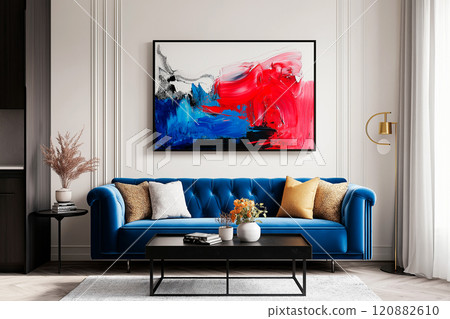 Modern interior with a blue chesterfield sofa, golden cushions, and an abstract painting featuring bold red and blue strokes, exuding creativity and charm 120882610
