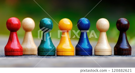A vibrant line of wooden game pieces stands on a surface, showcasing various colors under natural light in an outdoor setting. This arrangement invites playful thoughts. 120882621